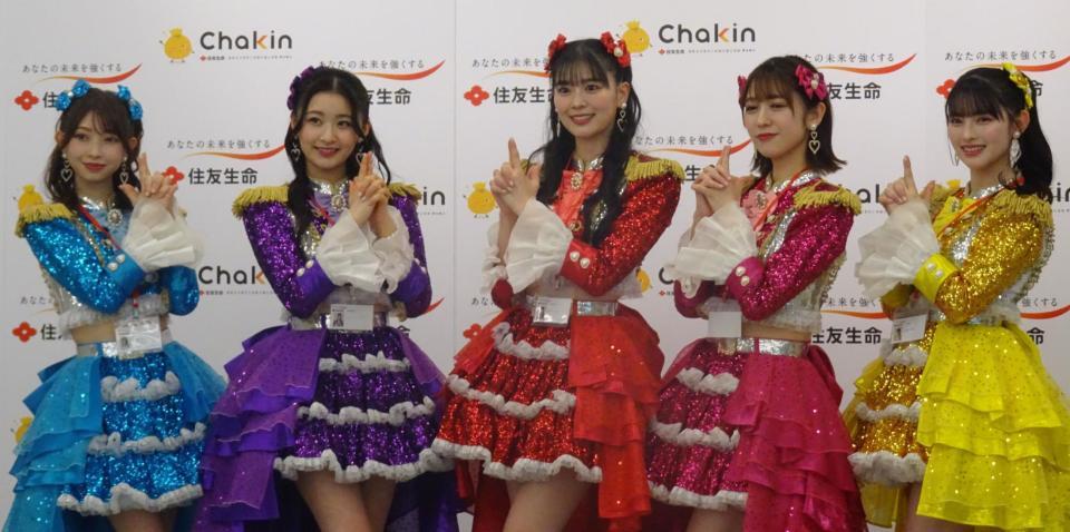 住友生命ＷＥＢ新ＣＭに出演した超ときめき♡宣伝部の（左から）辻野かなみ、杏ジュリア、坂井仁香、小泉遥香、菅田愛貴