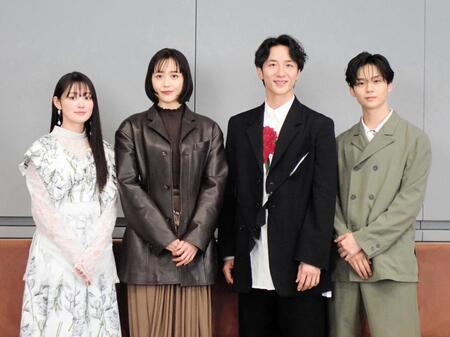 　ドラマ「子宮恋愛」の制作発表会に出席した（左から）吉本実憂、松井愛莉、大貫勇輔、沢村玲