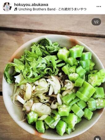 虻川が作ったオクラ丼（シソ、ネギ入り）。インスタグラム＠ｈｏｋｕｙｏｕ．ａｂｕｋａｗａ（２４年９月）より