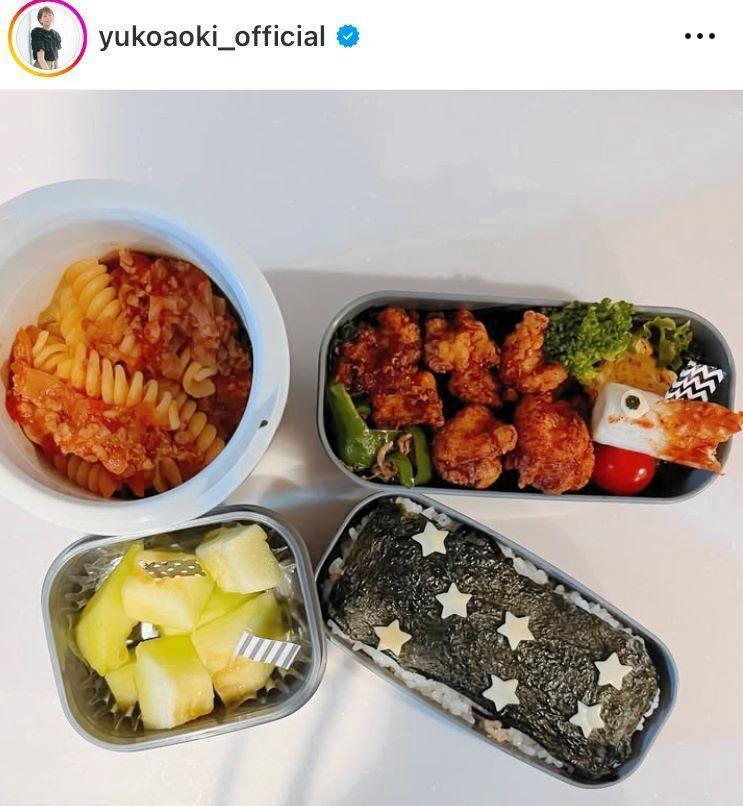 　水族館に行く時の唐揚げ多めリクエスト弁当。２４年５月の青木裕子のインスタグラム＠ｙｕｋｏａｏｋｉ＿ｏｆｆｉｃｉａｌより 