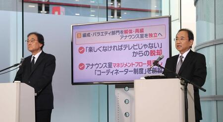 　会見するフジ・メディア・ＨＤの金光修社長（左）、フジテレビの清水賢治社長（撮影・金田祐二）
