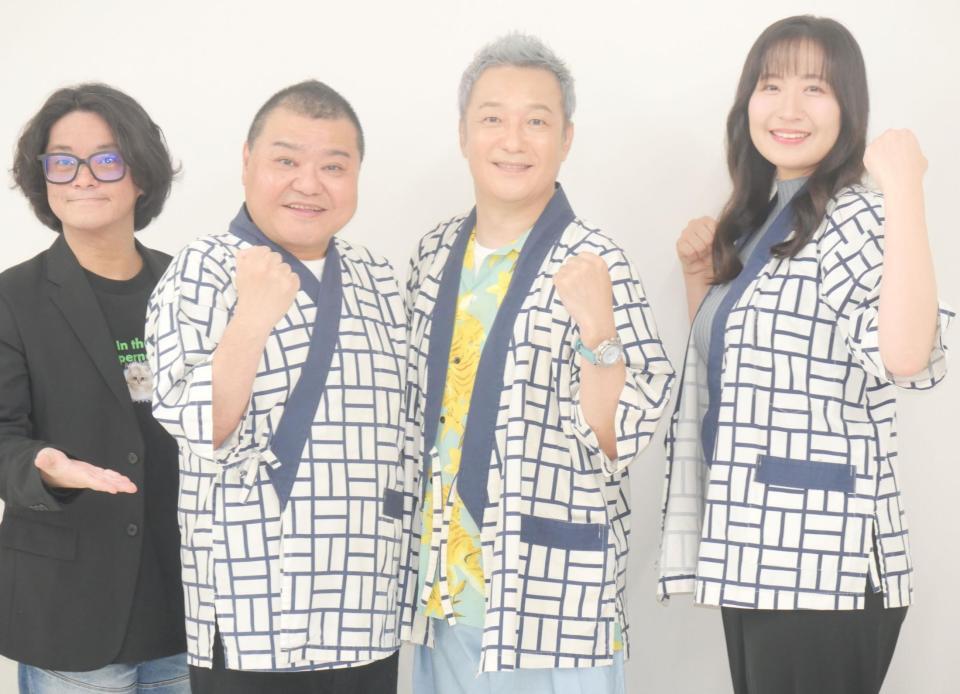 　取材会に出席した（左から）片岡百萬両氏、川畑泰史、小野坂昌也、上田瞳
