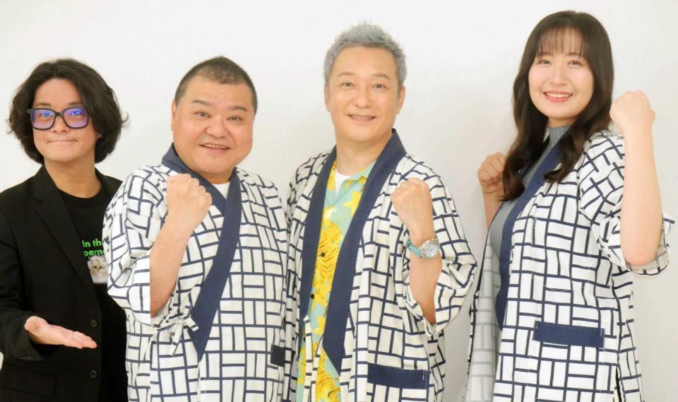 　取材会に出席した（左から）片岡百萬両氏、川畑泰史、小野坂昌也、上田瞳