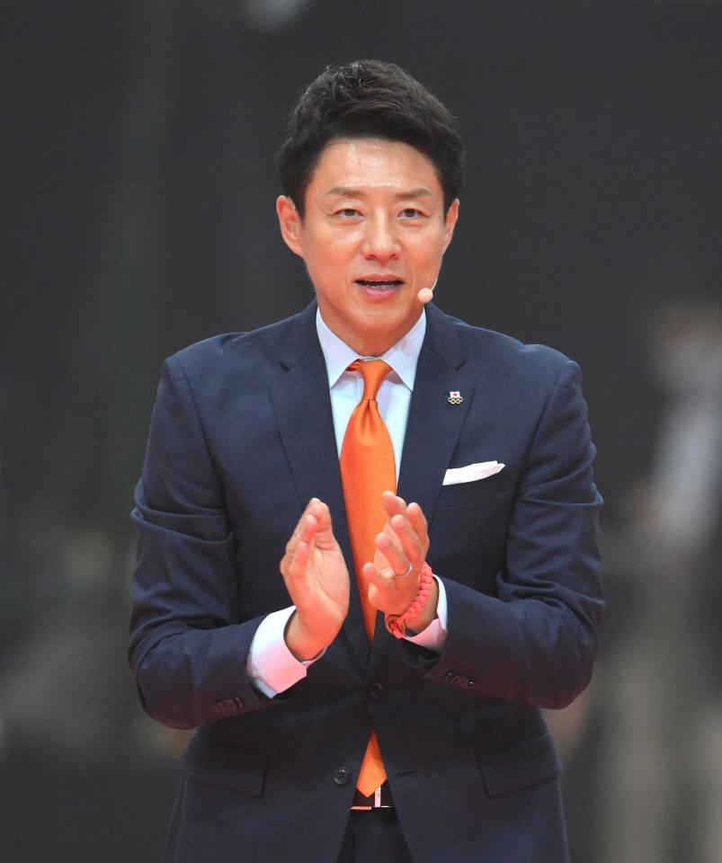 　パリ五輪日本選手団の壮行会に応援リーダーとして参加した松岡修造＝２４年７月