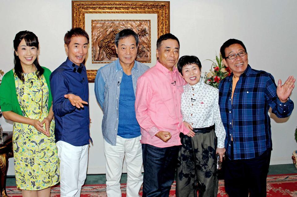 　収録を行った（左から）関純子アナウンサー、大平サブロー、月亭八方、桂きん枝、若井みどり、オール阪神＝１８年９月