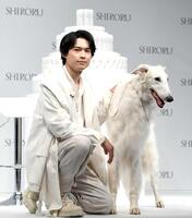 　ブランドアンバサダーを務める松村北斗　【下】共演する大型犬と登壇