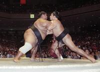 　小錦（左）に押し出される千代の富士＝９０年５月