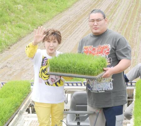 　田植えを行った小林幸子（左）と豊昇龍