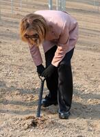 　スコップを手に畑仕事をするＹＯＳＨＩＫＩ