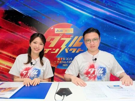 　ガクテンソク・奥田修二（右）と黒田みゆアナウンサー（提供）