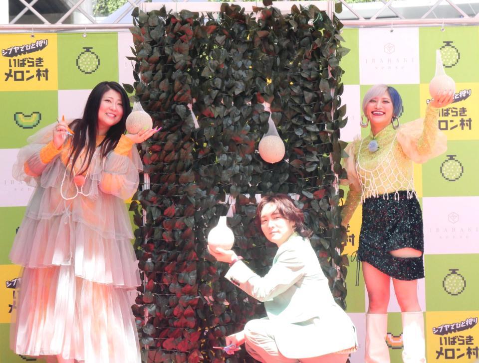 　メロン狩りを体験するぱーてぃーちゃんの（左から）金子きょんちぃ、すがちゃん最高Ｎｏ．１、信子