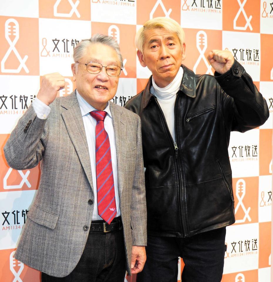 　会見を行った伊東四朗（左）と吉田照美=２０２３年