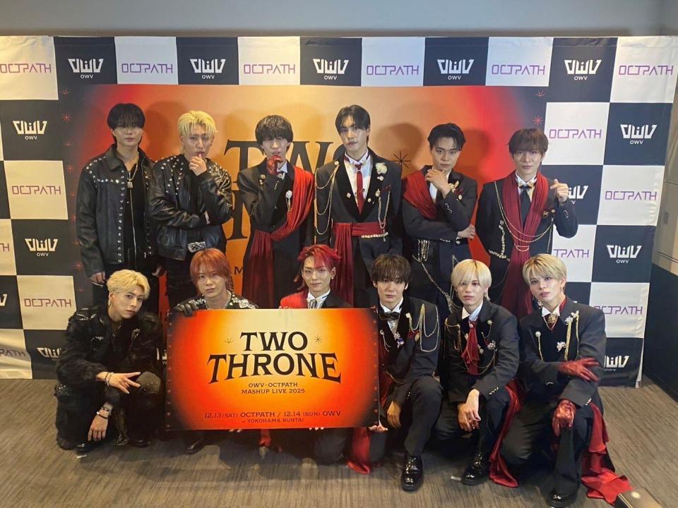 　会見に出席した（前列左から）佐野文哉、本田康祐、古瀬直輝、太田駿静、小堀柊、栗田航兵（後列同）中川勝就、浦野秀太、四谷真佑、西島蓮汰、海帆、高橋わたる