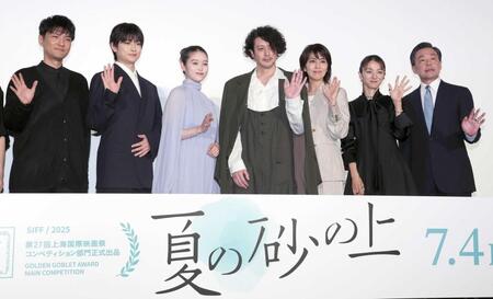 　（左から）森山直太朗、高橋文哉、高石あかり、オダギリジョー、松たか子、満島ひかり、光石研（撮影・金田祐二）