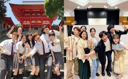 　「ちはやふる」瑞沢高校ＯＢ・ＯＧ（左から）矢本悠馬、森永悠希、上白石萌音、広瀬すず、野村周平、佐野勇斗、優希美青（左は近江神宮でのショット）