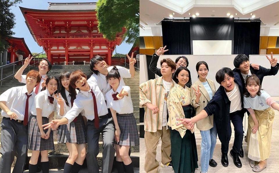 　「ちはやふる」瑞沢高校ＯＢ・ＯＧ（左から）矢本悠馬、森永悠希、上白石萌音、広瀬すず、野村周平、佐野勇斗、優希美青（左は近江神宮でのショット）