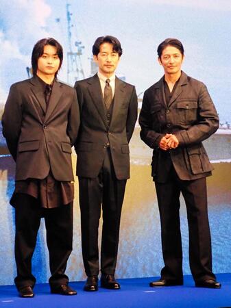　映画「雪風」の完成報告イベントに登場した（左から）奥平大兼、竹野内豊、玉木宏