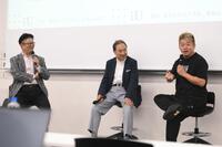 　特別授業を行った（左から）江端浩人教授、フジテレビの清水賢治社長、堀江貴文氏（撮影・堀内翔）