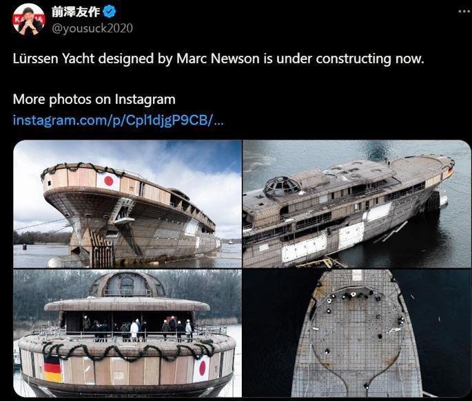 進水式でのヨット。２３年３月の前澤友作氏のＸ＠ｙｏｕｓｕｃｋ２０２０より