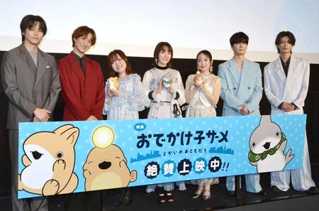 　（左から）高野洸、宮田俊哉、久野美咲、花澤香菜、潘めぐみ、梅原裕一郎、杢代和人