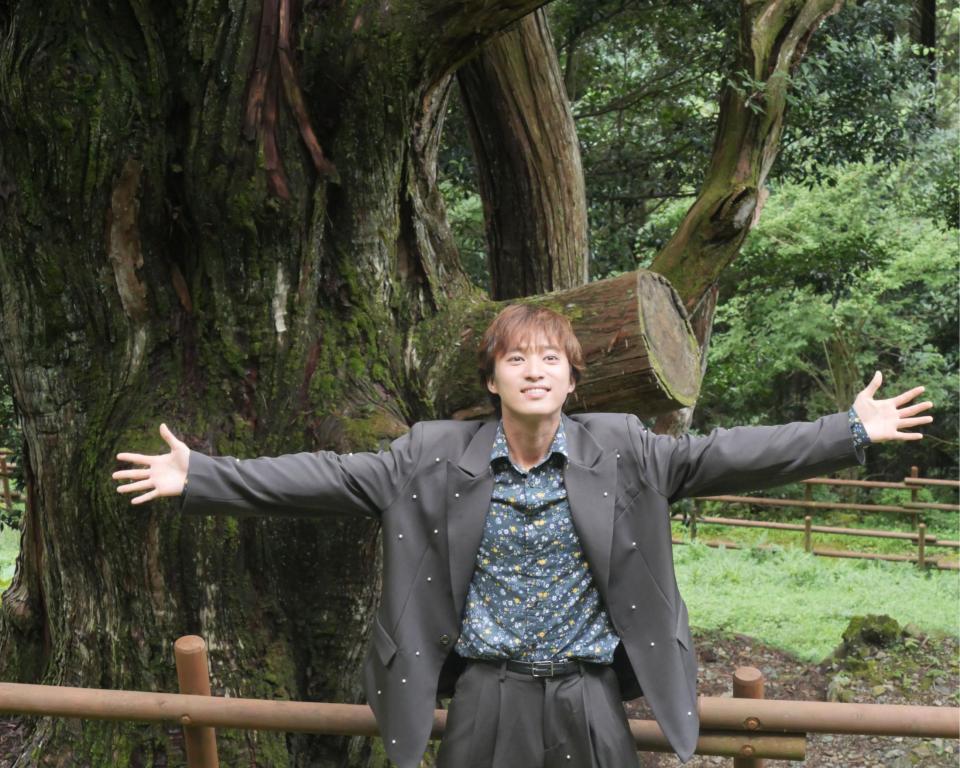 　樹高３２メートルを誇る「大久保のヒノキ」を背景に撮影に応じた青山新＝宮崎・椎葉村