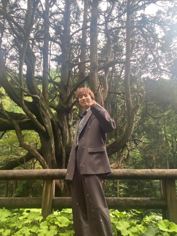 　樹高３２メートルを誇る「大久保のヒノキ」を背景に撮影に応じた青山新＝宮崎・椎葉村