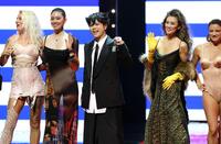 　ランウェイに登場した（左２人目から）森星、増田貴久、萬田久子