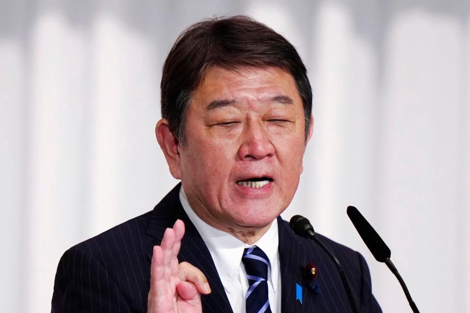 　自民党総裁選の所見発表演説会で訴える茂木前幹事長