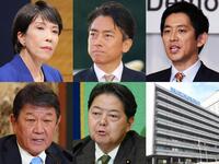 　（左上から時計回りに）高市早苗氏、小泉進次郎氏、小林鷹之氏、自由民主党本部、林芳正氏、茂木敏充氏