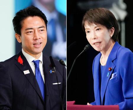 　自民党総裁選の決選投票前に演説する高市早苗氏（右）、小泉進次郎氏