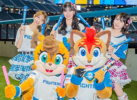 　（前列左から）ポリーポラリス、フレップ・ザ・フォックスと共にＭＶを撮影した超ときめき♡宣伝部の（後列同）辻野かなみ、坂井仁香、小泉遥香