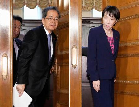 　党首会談を終えた公明党の斉藤代表（左）と自民党の高市総裁。斉藤代表は会談で連立政権の枠組みから離脱すると伝えた