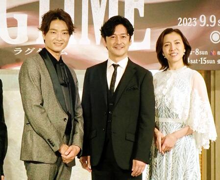 　ミュージカル「ラグタイム」の製作会見に出席した（左から）藤田俊太郎氏、井上芳雄、石丸幹二、安蘭けい＝２０２３年