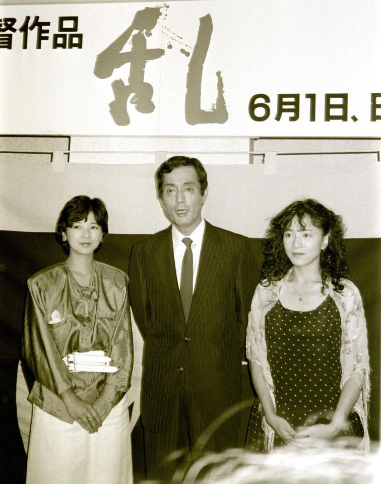 　映画「乱」でと宮崎美子（左）、原田美枝子と仲代達矢さん（中央）＝１９８５年５月