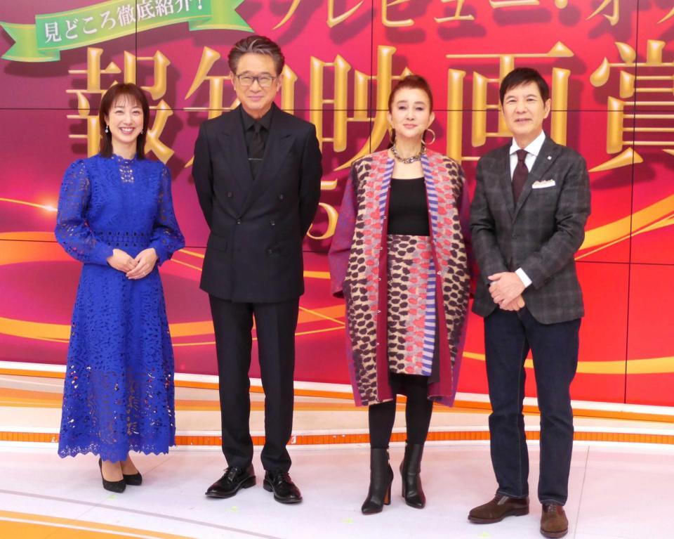 　取材に応じた（左から）川田裕美、船越英一郎、秋吉久美子、関根勤