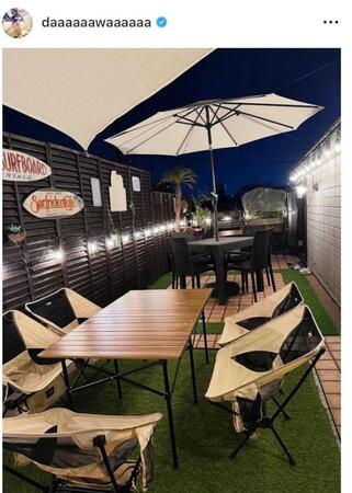 自宅のルーフバルコニーが高級ホテルみたい！和田正人のインスタグラム＠ｄａａａａａａｗａａａａａａ（７月２５日付）より