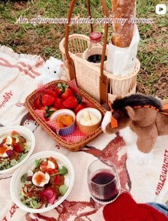 購入したエルメスのバスケットにブドウジュースとフランスパンを入れてｗｗ。馬のエルミーは11万円。紗栄子のインスタグラム＠ｓａｅｋｏｏｆｆｉｃｉａｌより 