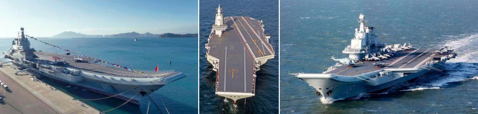　中国軍の空母３隻。（左から）「山東」、「福建」、「遼寧」（左と中央は新華社＝共同、右はＣＮＳ＝共同）