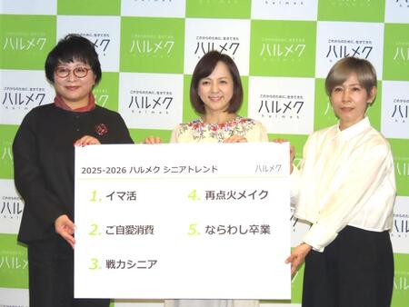 　「２０２５－２０２６　ハルメクシニアトレンド」発表会に出席したいとうまい子（中央）とヘアメイクアップアーティストの化け子氏（右）