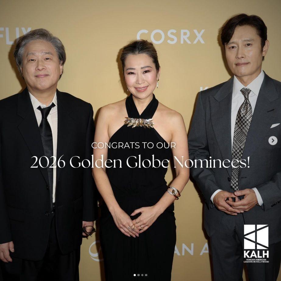 　ＫＡＬＨの公式インスタグラム＠ｔｈｅ．ｋａｌｈより　韓国系クリエーター支援団体から功績が認められた（左から）パク・チャヌク監督、マギー・カン監督、イ・ビョンホン