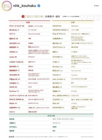 　ＮＨＫ紅白歌合戦のインスタグラム（＠ｎｈｋ＿ｋｏｕｈａｋｕ）から