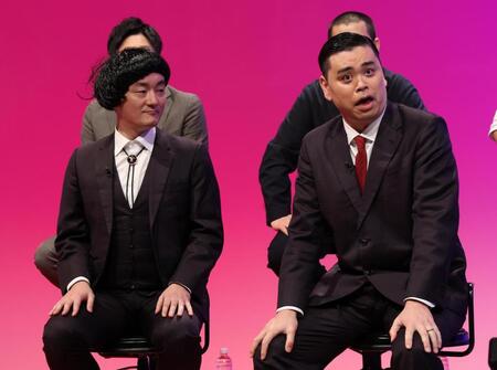 　会見に出席したななまがり・森下直人（左）と初瀬悠太＝東京・日本テレビ（撮影・佐々木彰尚）
