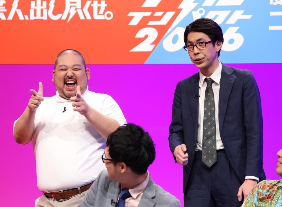 　会見に出席したスタミナパン・麻婆（左）とトシダタカヒデ（撮影・佐々木彰尚）