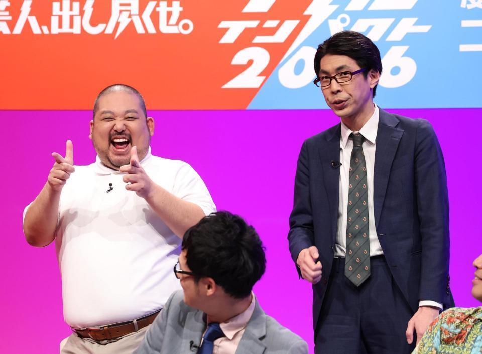 　会見に出席したスタミナパン・麻婆（左）とトシダタカヒデ（撮影・佐々木彰尚）