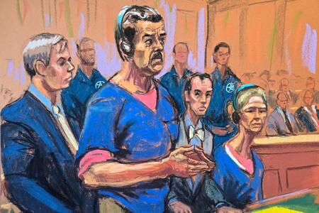 　米ニューヨークの連邦地裁に出廷したベネズエラのマドゥロ大統領（左から２人目）と妻シリア・フロレス氏（右端）の法廷イラスト＝５日（ロイター＝共同）