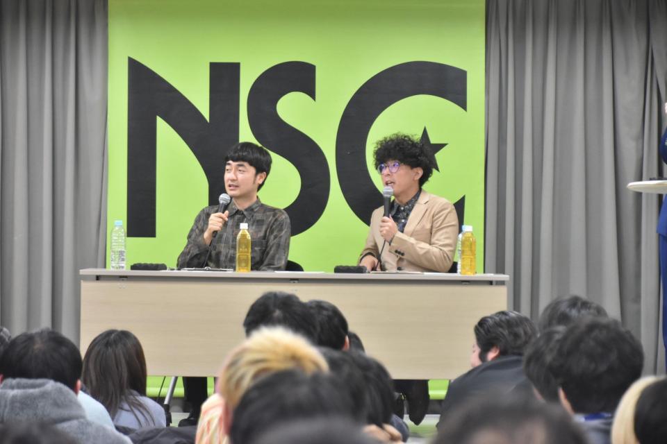 よしもとアカデミーで凱旋講義を開催したたくろう・赤木裕（左）、きむらバンド