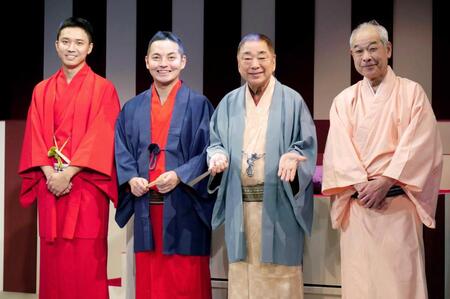 　取材会を行った（左から）渡辺裕太、錦笑亭満堂、三遊亭好楽、佐藤正宏