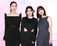 「ディオール　アディクト　キャンディ　ショップ」プレビューに登場した（左から）片岡凜、宮﨑優、鳴海唯（撮影・伊藤笙子）