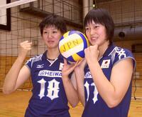 栗原恵さんと大山加奈さん（右）＝２００３年１０月