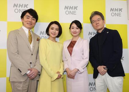 （左から）ＮＨＫ・高瀬耕造、塚原愛、大谷舞風、有馬嘉男（撮影・佐々木彰尚）